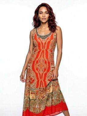 Reba Cancun Fiesta Red Paisley Maxi Dress with Scoop Neck-line